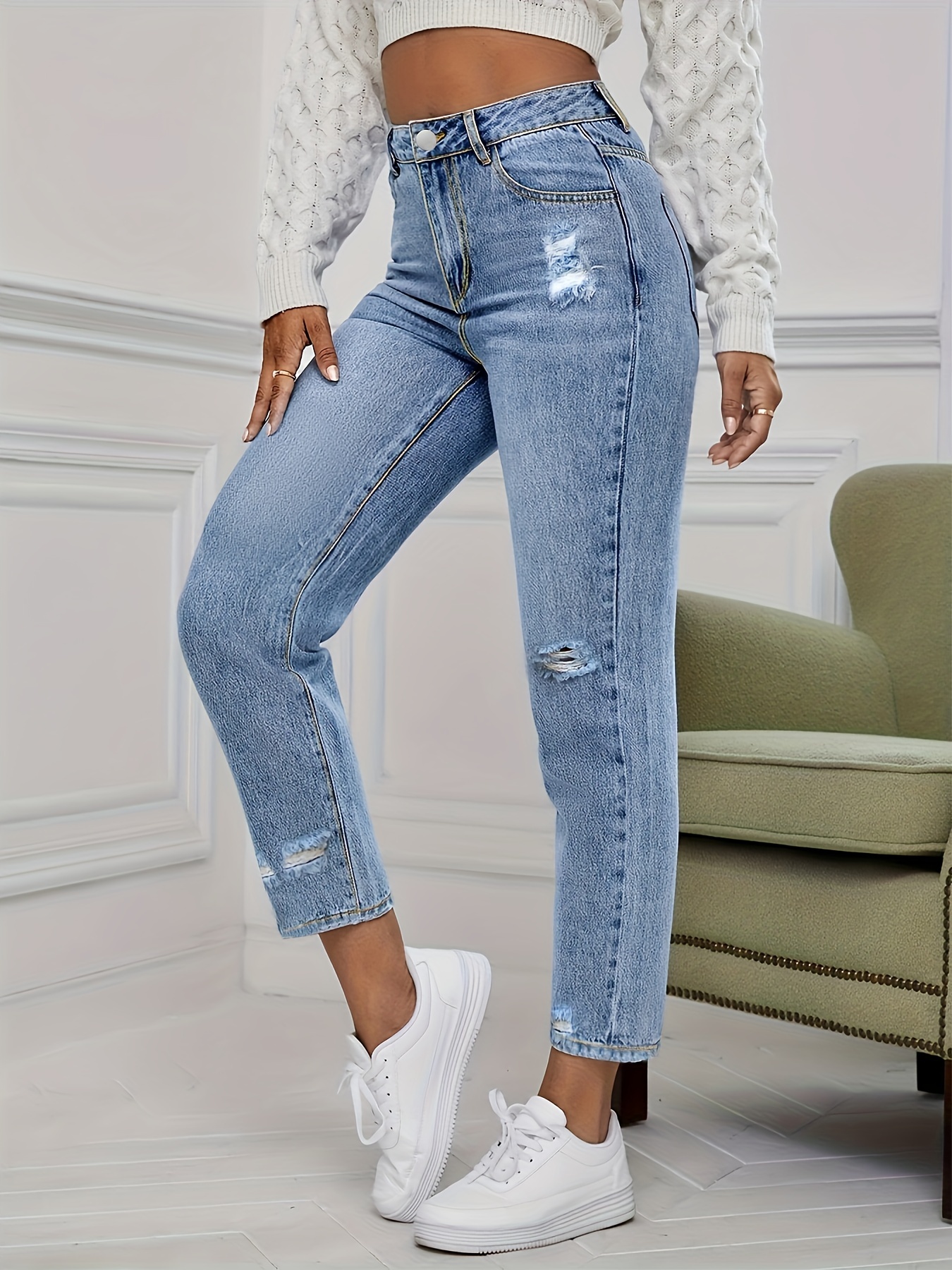 Calças jeans retas de cintura alta rasgadas azuis cintura - Temu