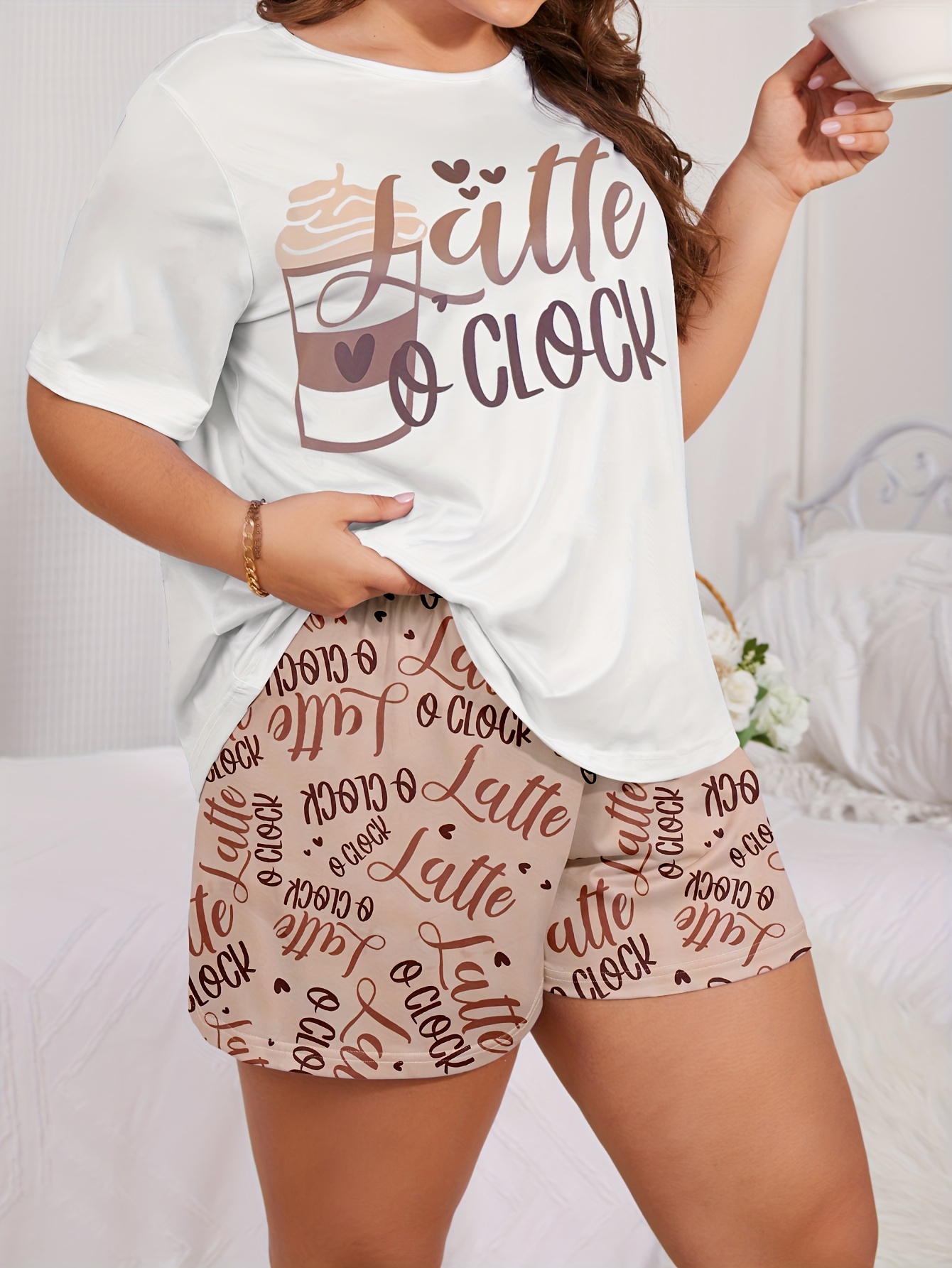 Coffee Letter Pattern Lounge Set, Casual & Comfy Short Sleeve Top & Elastic  Long Pants, Women's Sleepwear & Loungewear