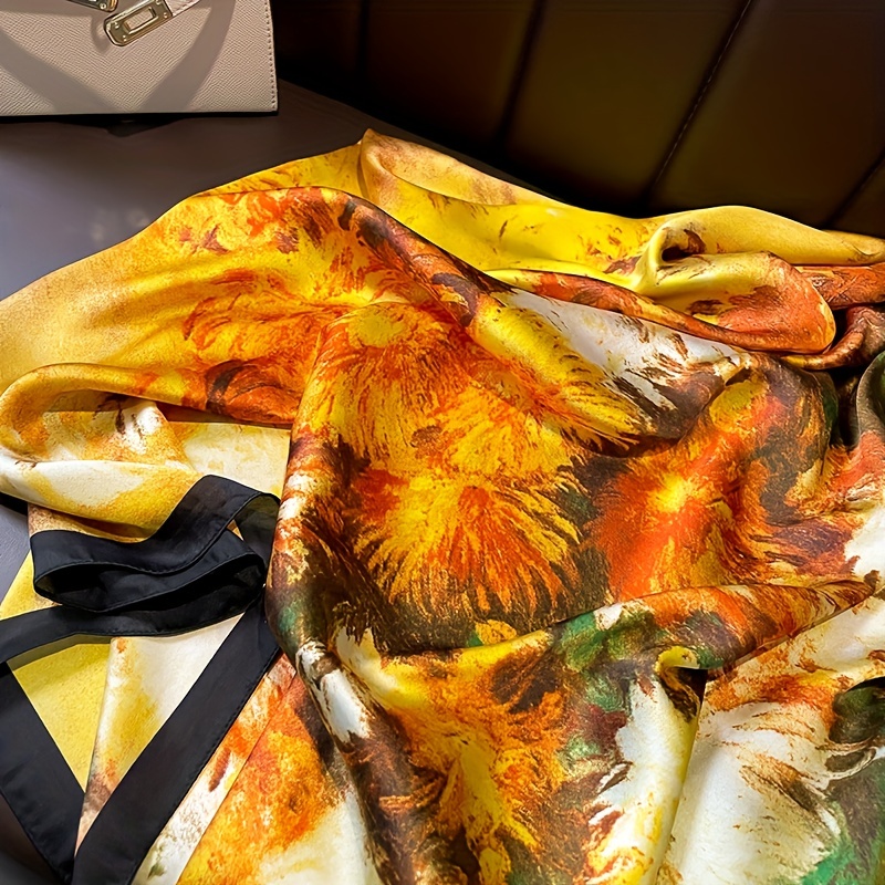Leopard Print Satin Scarf Classic Oil Painting Pattern Shawl