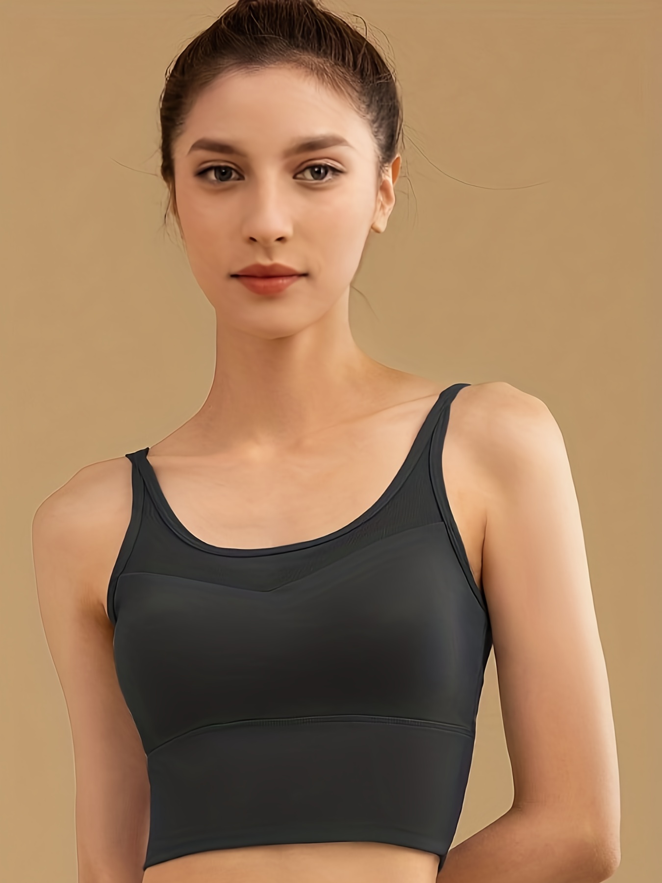 Solid Color Mesh Stitching Wire free Sports Bra Stretchy - Temu Canada