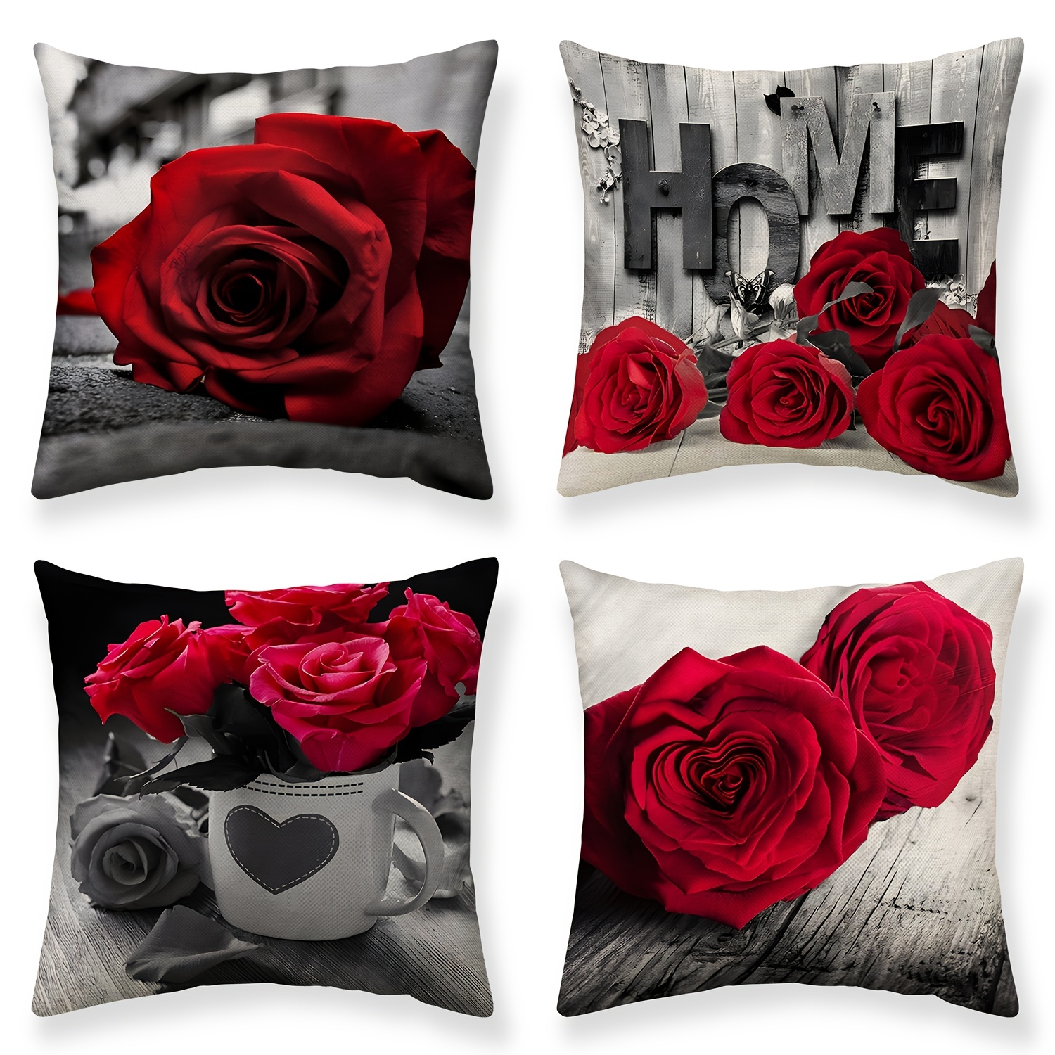 

4 Pcs Black And Red Throw Pillow Cover Rose Flower Cozy Home Decor Cushion Cover Digital Printed Polyester Linen Valentine's Gift Home Decor Pillow Cover (pillow Covers Not Included)