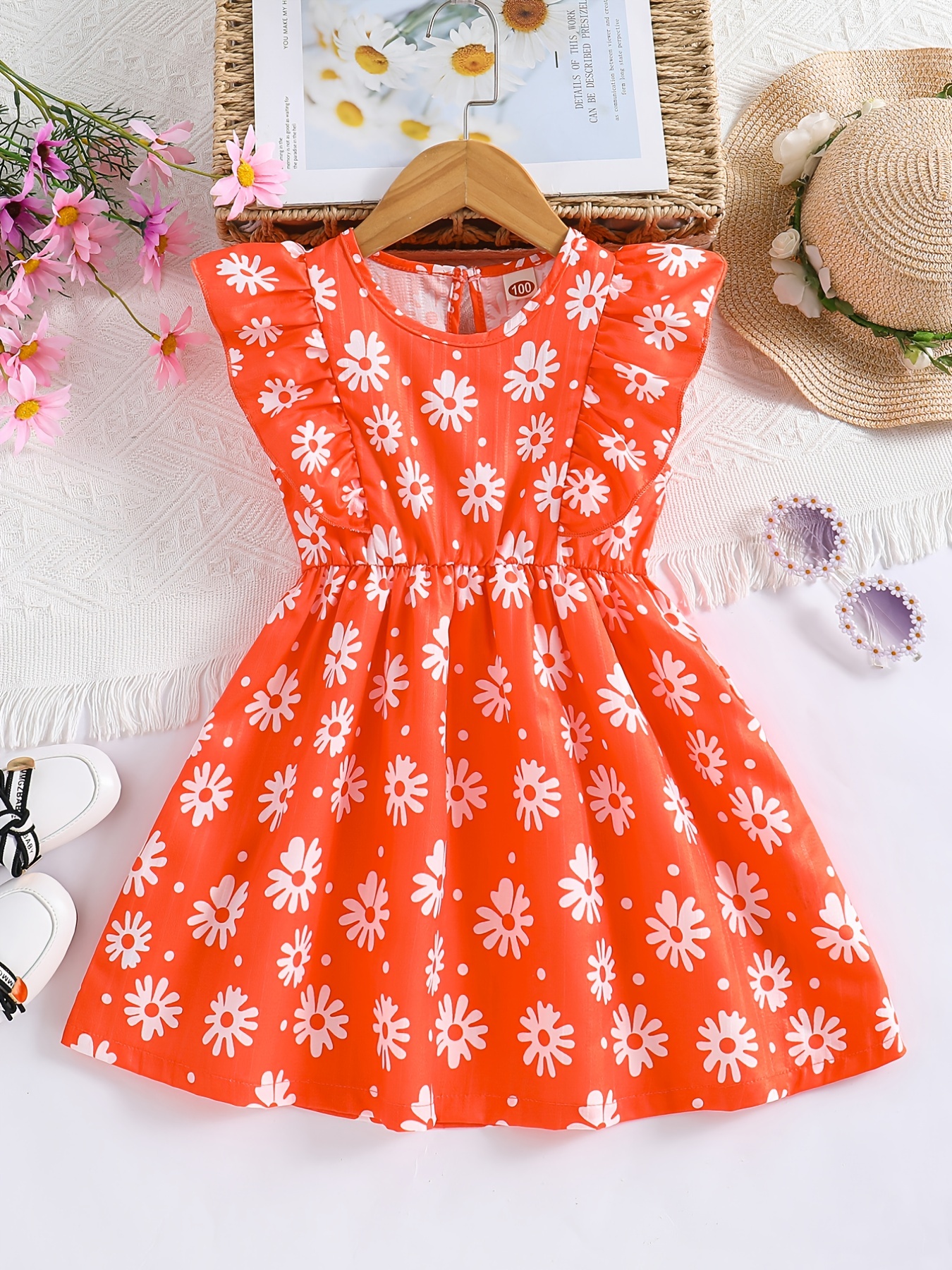 Girls Daisy Floral Print Flutter Sleeve Casual Dress Cute - Temu