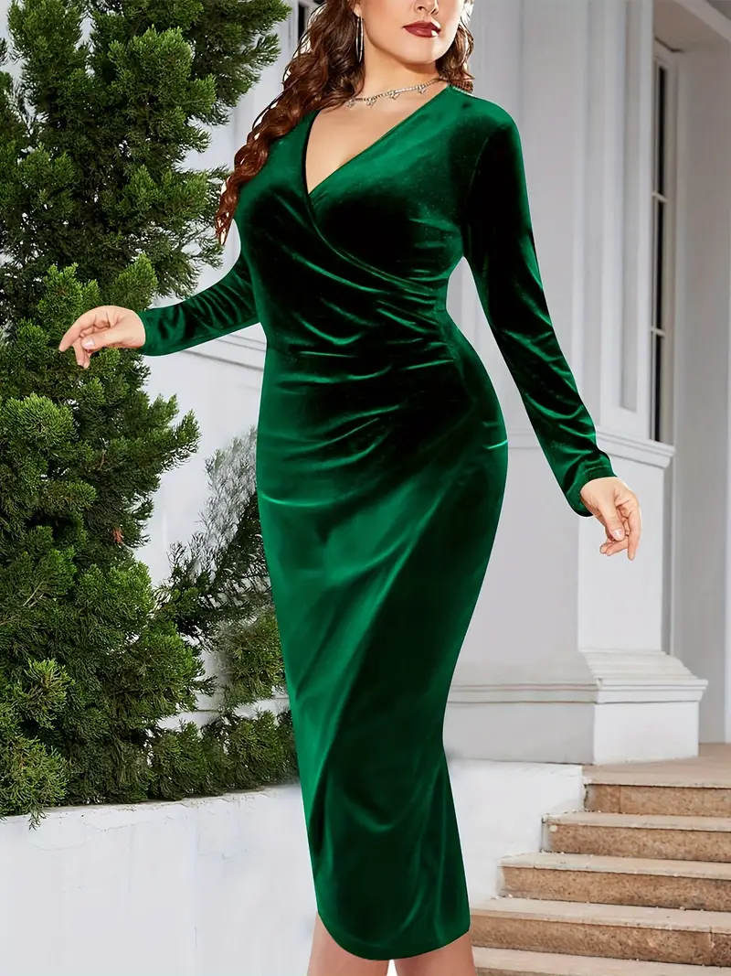 plus size elegant party dress womens plus solid velvet long sleeve surplice neck wrap hem slight stretch cocktail dress details 5