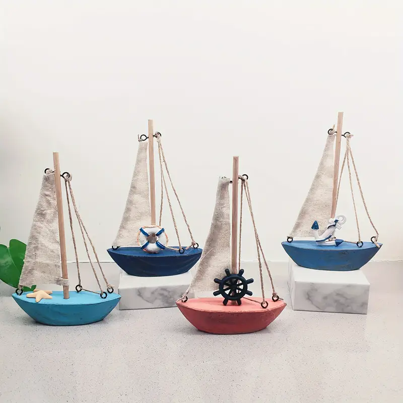 1pc Retro Colorful Small Sailboat Wooden Canvas Small Boat Model