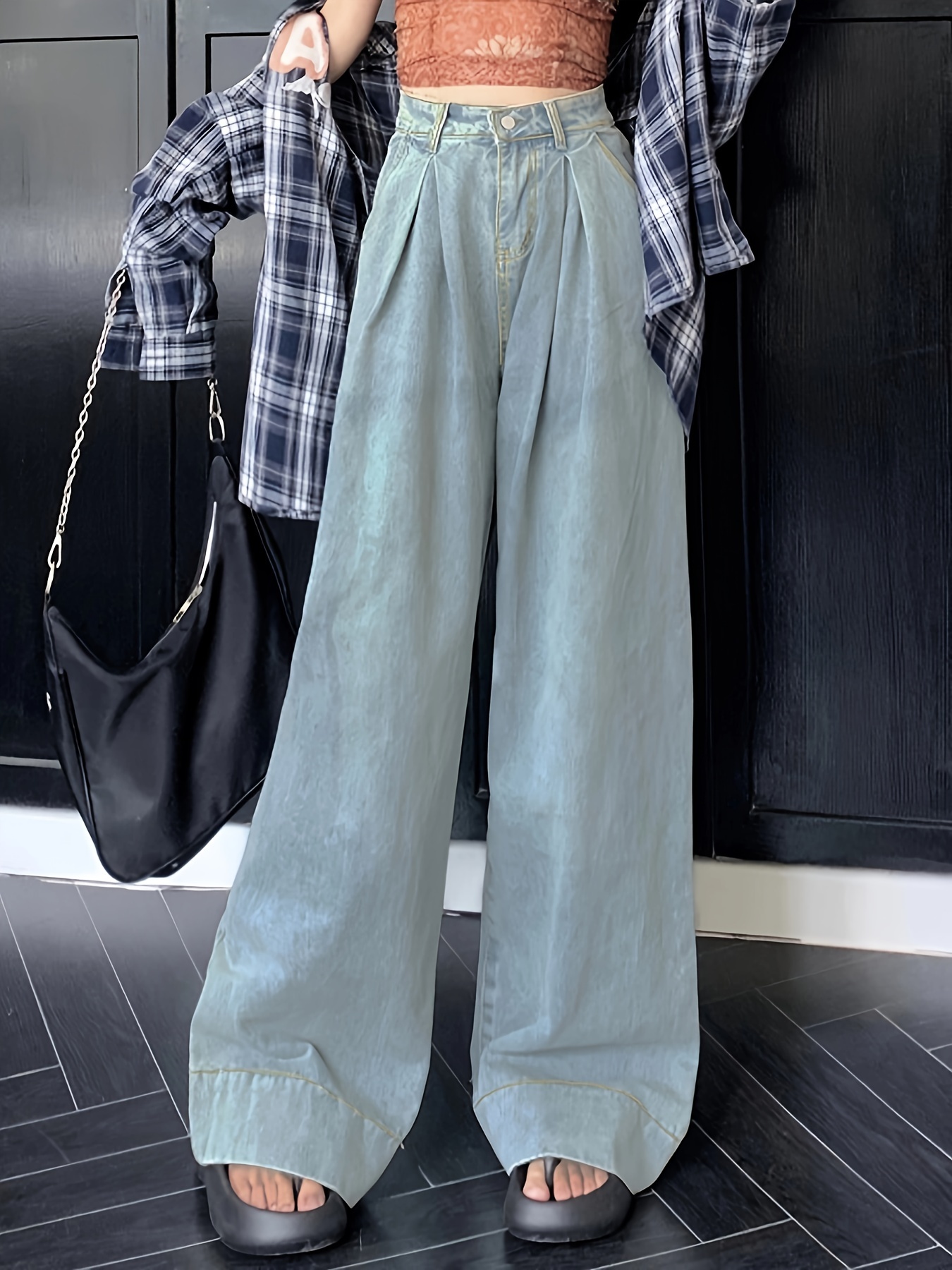  Jeans de pierna ancha para mujer, pantalones sueltos, cintura  alta, casuales, de gran tamaño, rectos, ropa de calle (color azul, talla:  L) : Ropa, Zapatos y Joyería