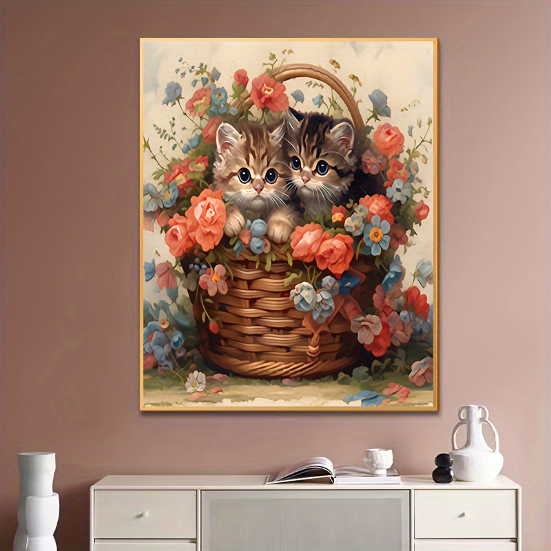 1pc DIY Painting Kit, Two Cats In The Flower Basket For Adults Round Full  5D Diamond Art For Home Wall Decor Gifts 30x40cm/12x16inch Without Frame