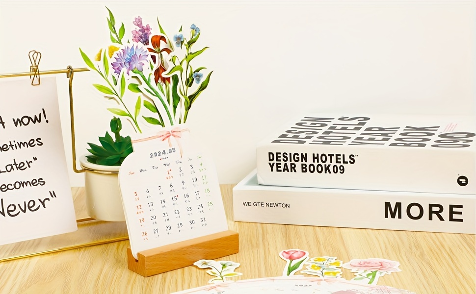 Calendrier de bureau Fleurs fleuries 2024, Calendrier mensuel en forme de  vase avec base en bois, Calendrier 2024 sur thème des fleurs créatives