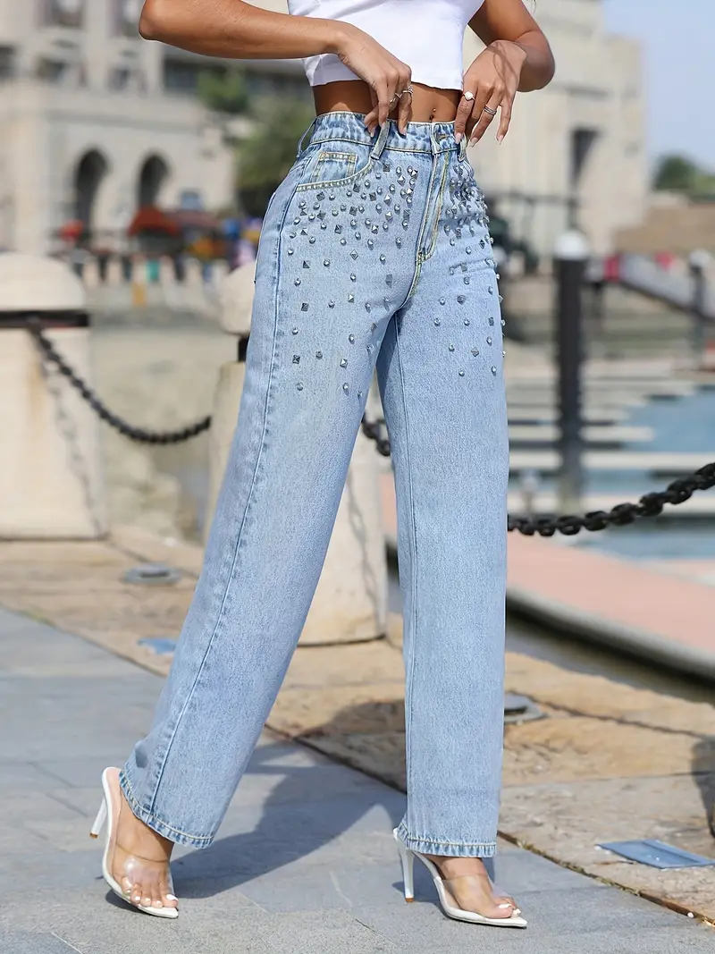 Blue Rhinestone Studded Straight Jeans Loose Fit Slant - Temu