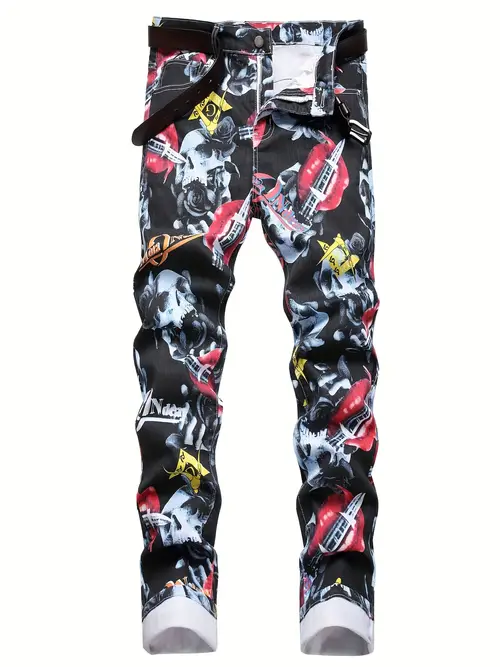 Men's Leopard Print Denim Pants Casual Street Style Baggy - Temu
