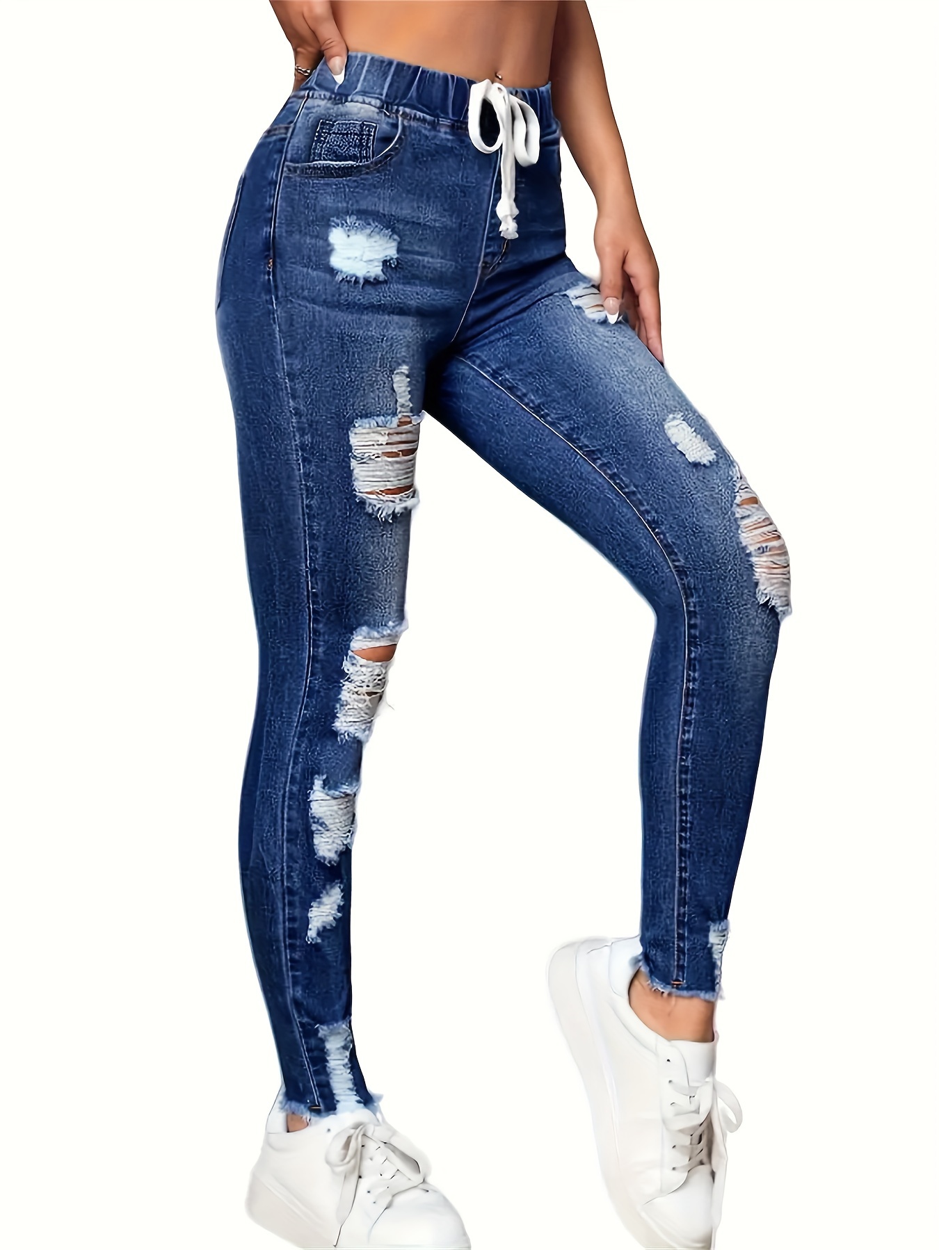 Calças jeans skinny de cintura alta rasgadas elásticas e - Temu