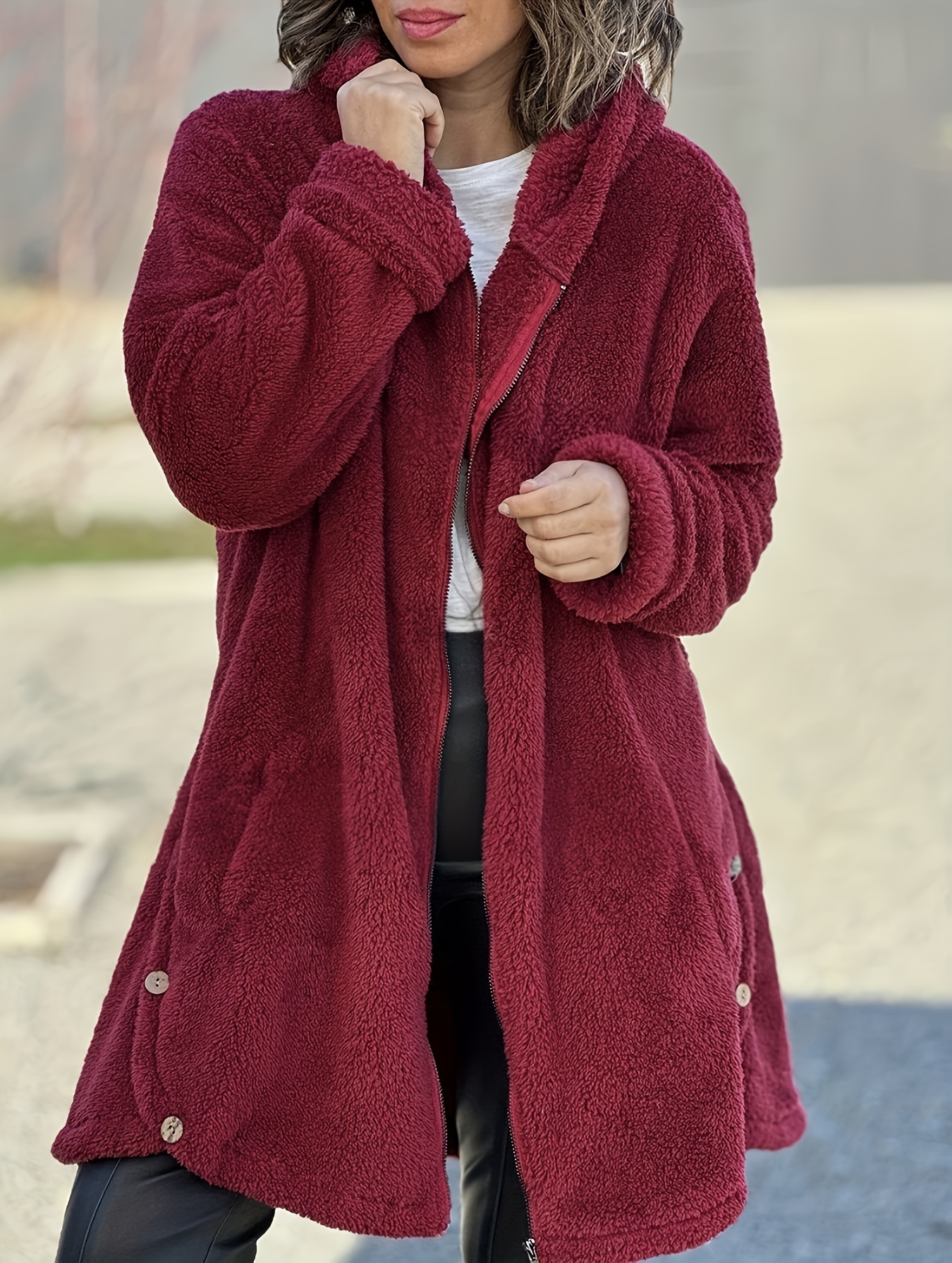 Zip Up Solid Fleece Jacket, Casual Long Sleeve Jacket For Winter, Women's  Clothing