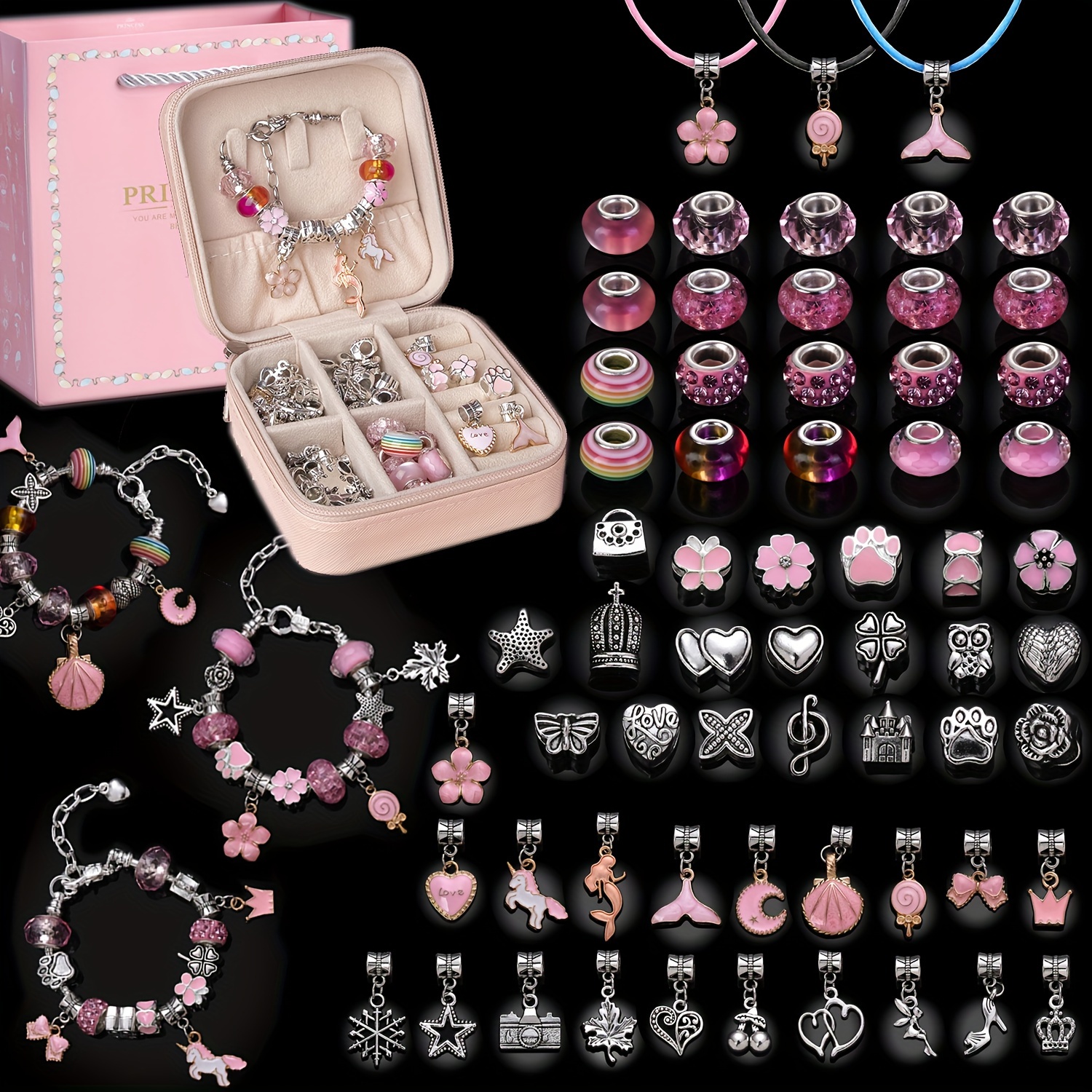 66Pcs Charm Bracelet Neckalce DIY Jewelry Making Kit For Girls, With Beads,  Pendants, Snake Chains, Rope, Crafts Gifts Set Teenager Stuff