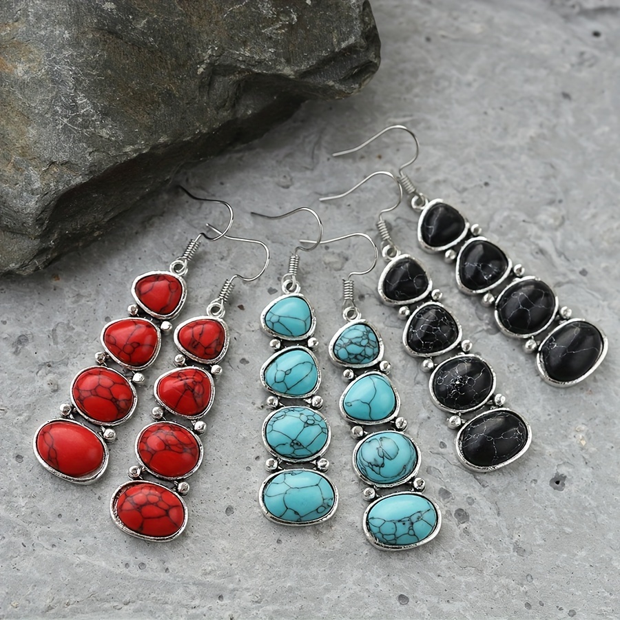 Vintage Boho Style Silver Plated Turquoise Drop Earrings