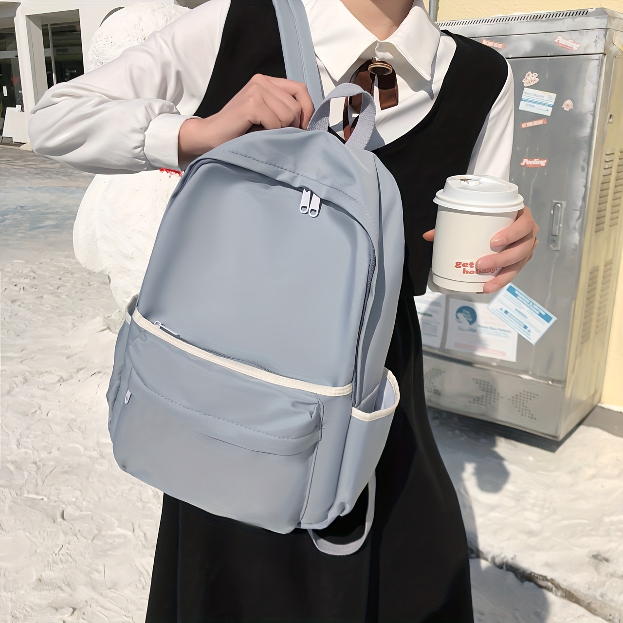 Casual Minimalist Preppy Backpack Large Capacity School Bag Zipper Storage