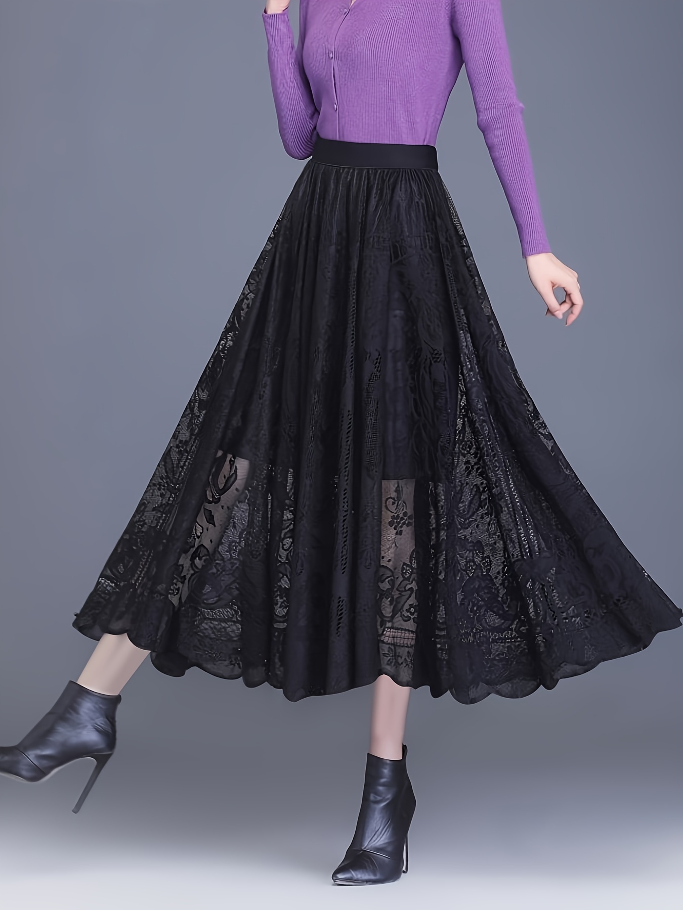 Lady Hollowed Out Lace Long Skirt Elastic High Waist A-line Elegant Sweet  Casual