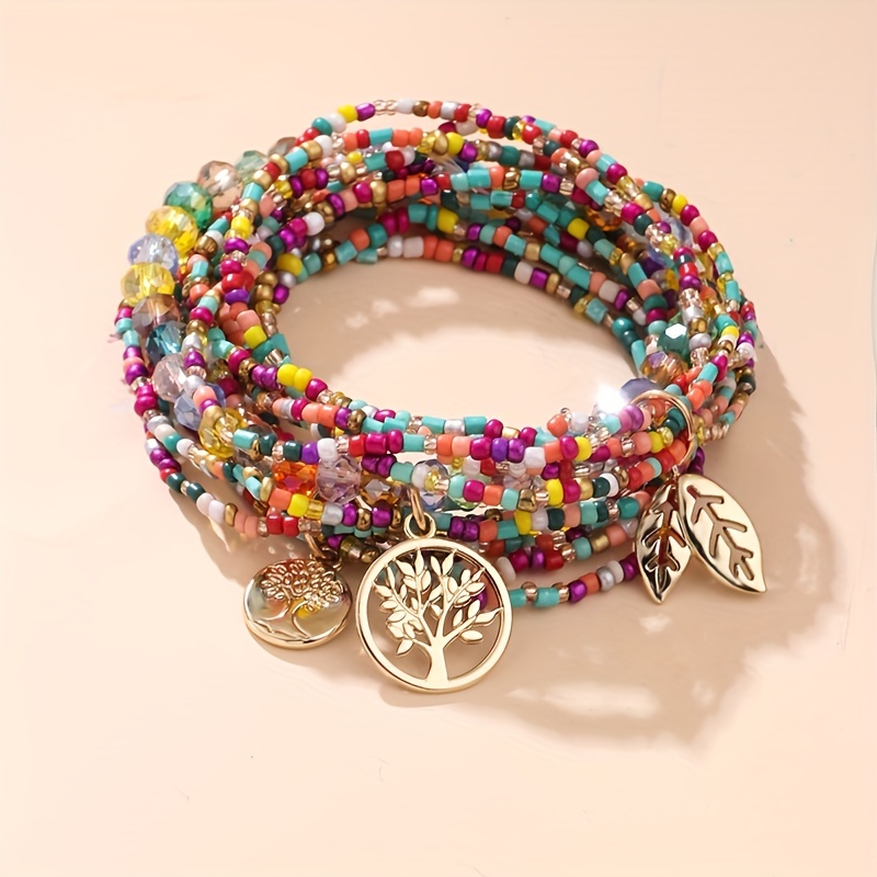 Tree Of Life Pendant Multilayer Beaded Bracelet Round Bead - Temu