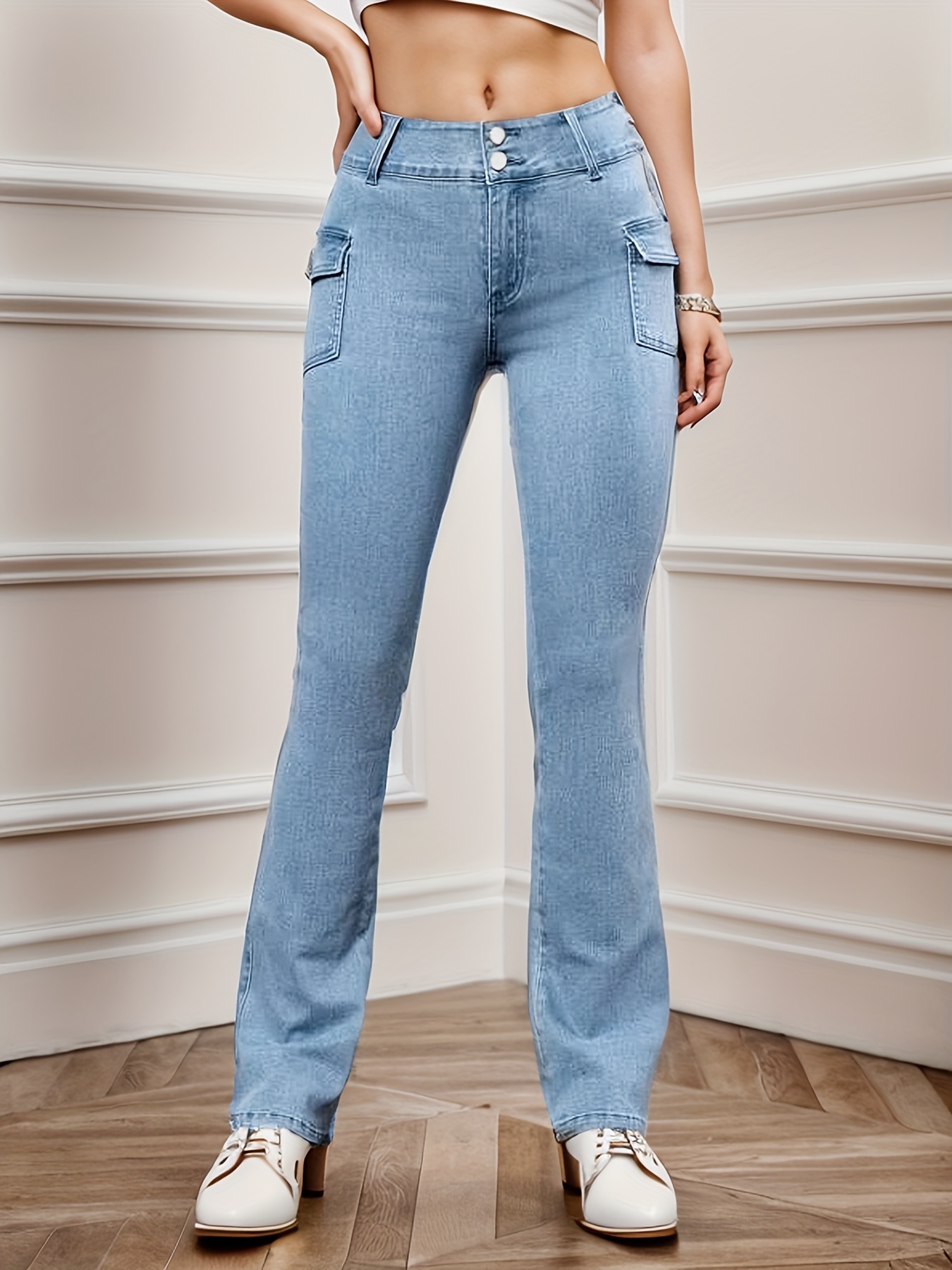 Contrast Color Chic Bootcut Jeans, High Waist Slim Fit Fashion Denim Pants,  Women's Denim Jeans & Clothing