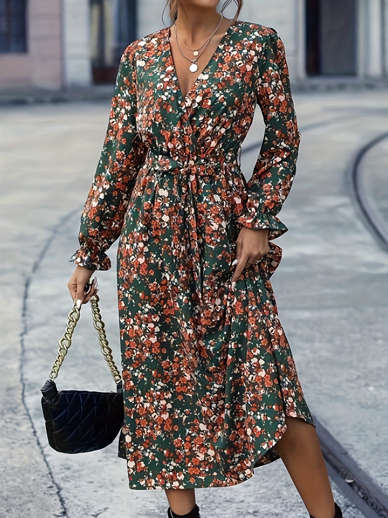 Ditsy Floral Surplice Neck Dress Elegant Pleated Long Sleeve - Temu