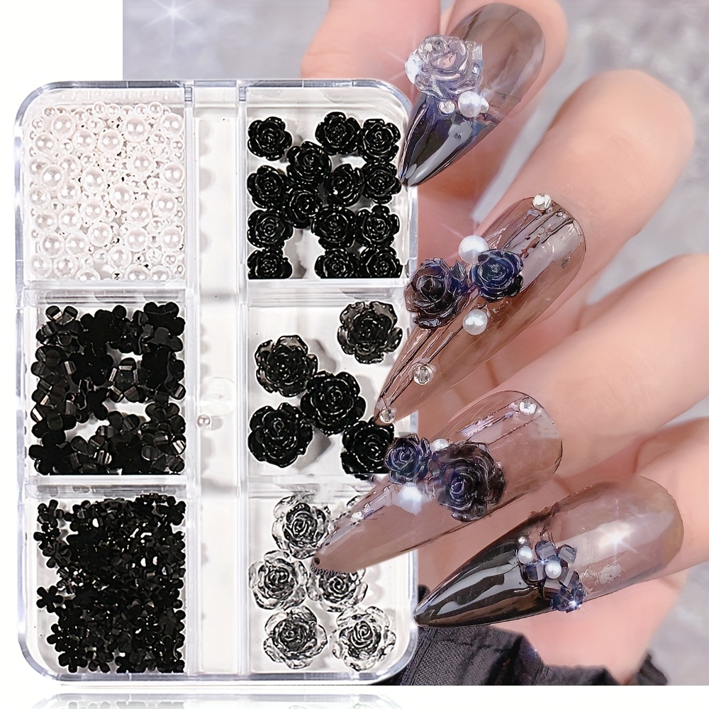 CLEARANCE Black Flower Nail Charms with Rhinestones