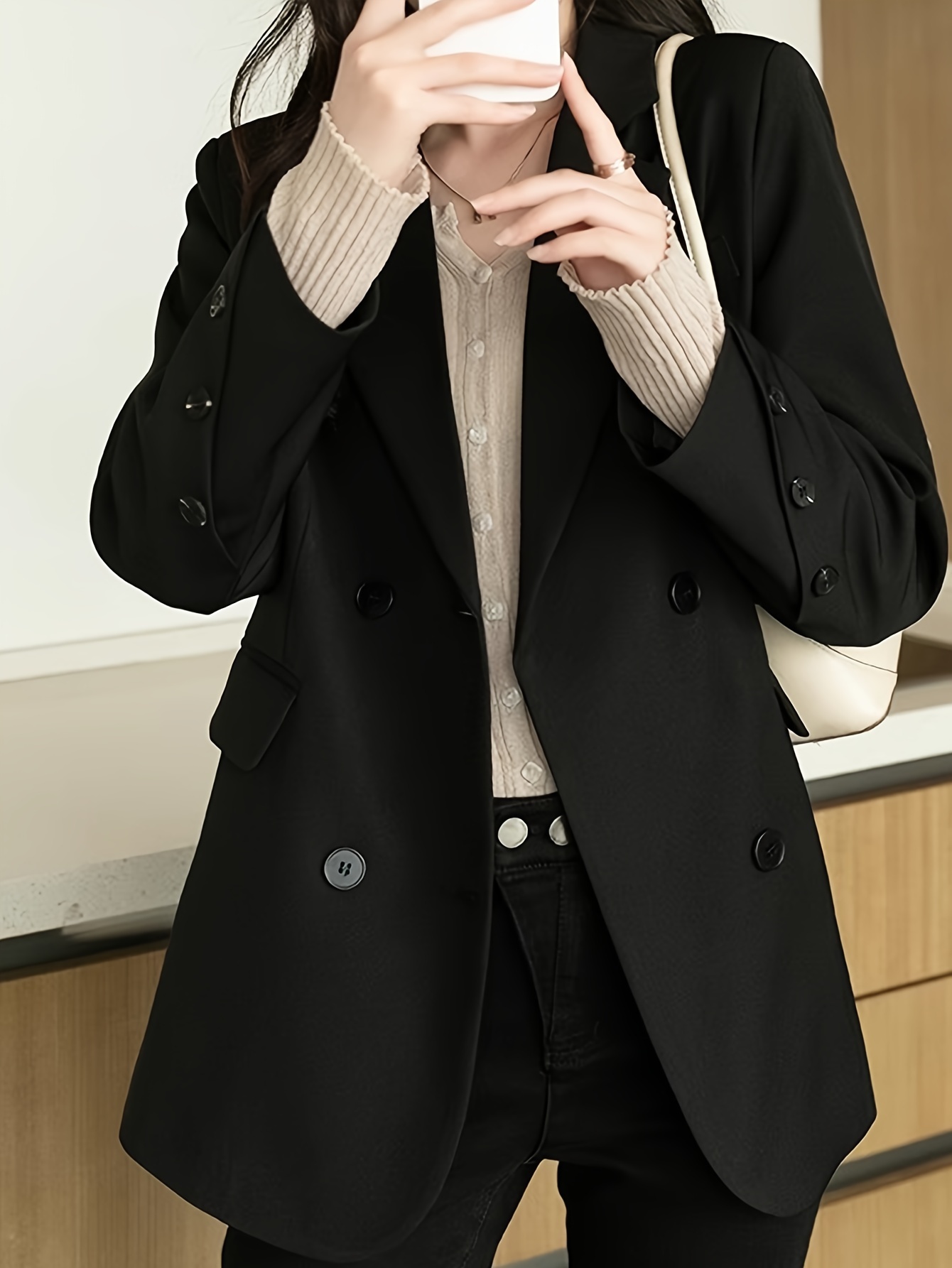 Elegant Solid Suit Jacket Long Sleeve Casual Lapel Jacket - Temu