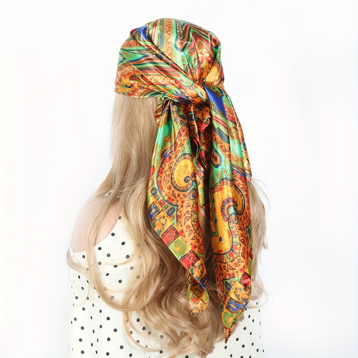 

35.4" Golden Paisley Printed Square Scarf, Vintage Style Satin Soft Smooth Shawl, Outdoor Sunscreen Headscarf For Women