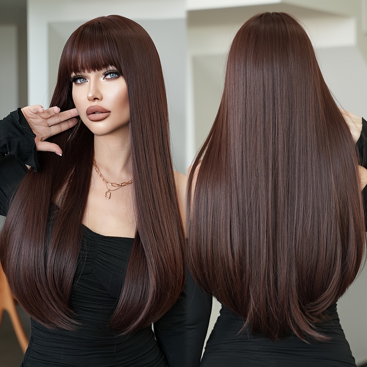 long straight mocha brown wig women daily party high density