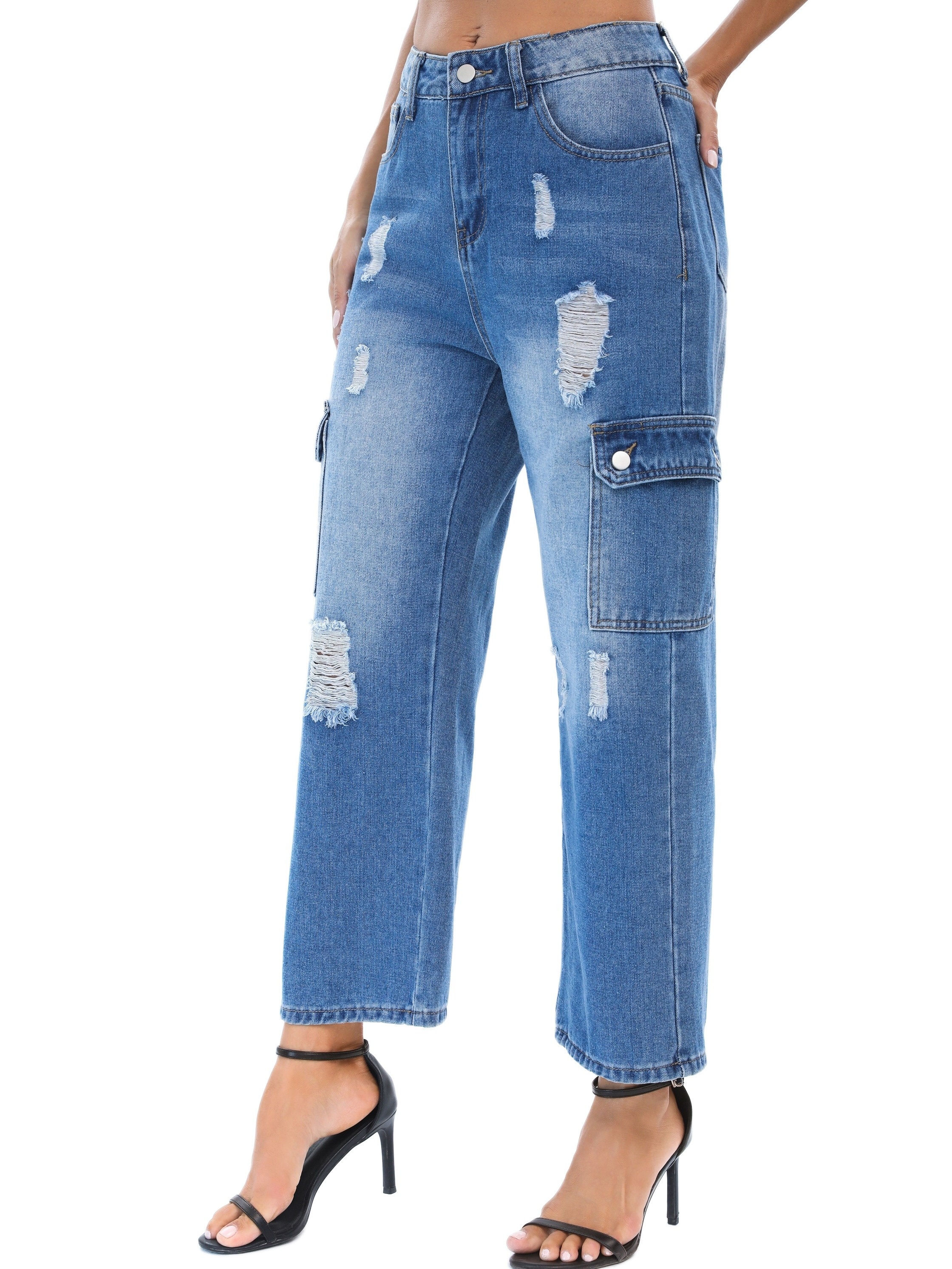 Purple Flap Pockets Straight Jeans Loose Fit Ripped Holes - Temu