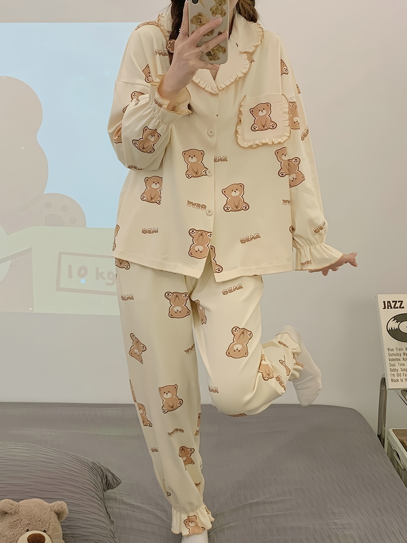Cartoon Bear Print Pajama Set Long Sleeve Lapel Buttons Top - Temu