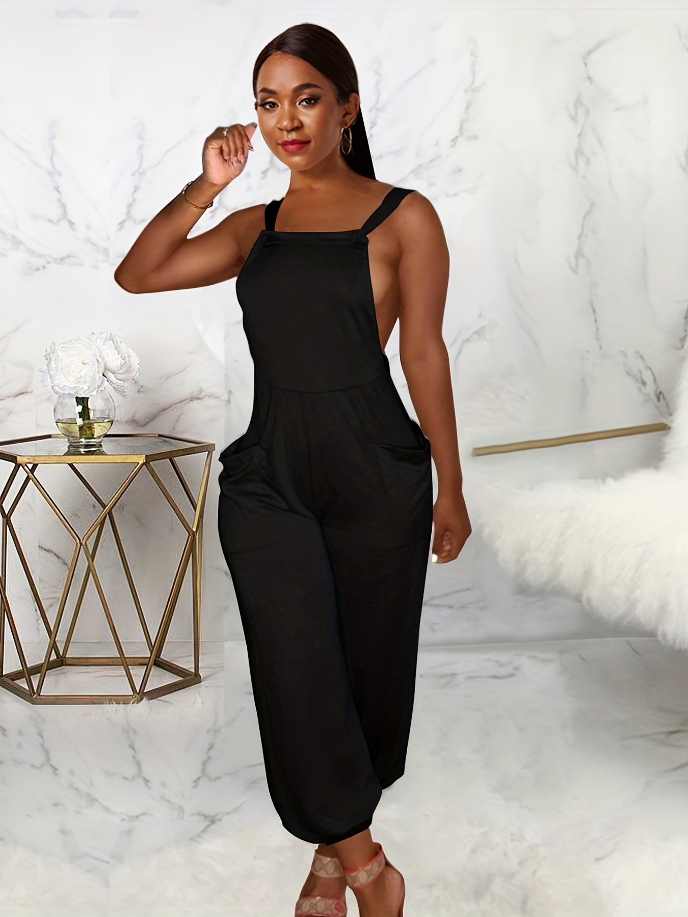 Women's Sexy Solid See Mesh Thin Straps Backless Jumpsuit - Temu Canada