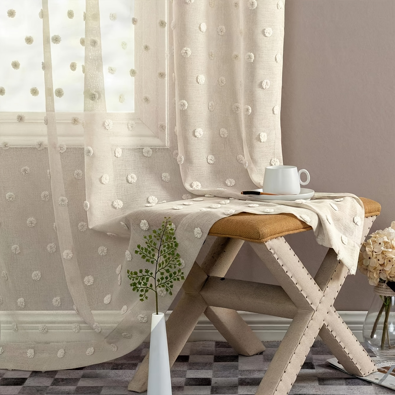 Image of 1pc Beige 3d Pompon Yarn Curtain Fashion Easy Light Transmitting Curtain Bedroom Curtain Living Room Curtain