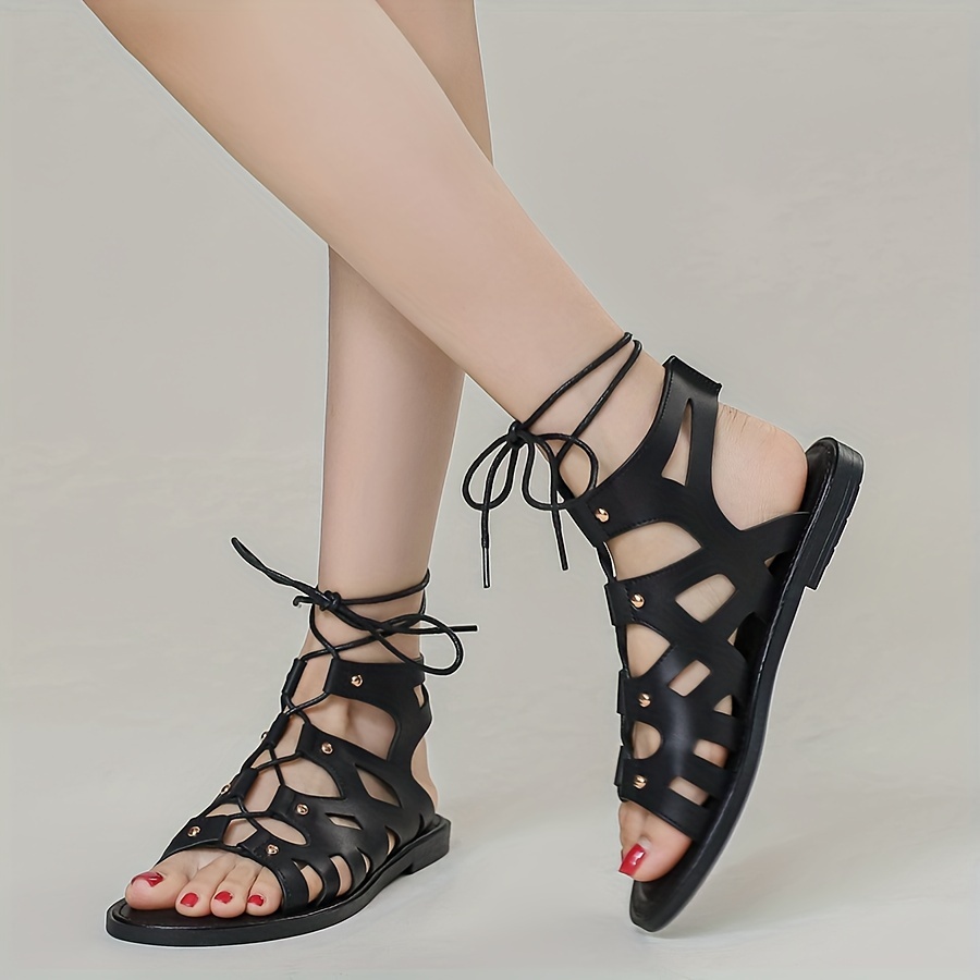 Women's Studded Decor Flat Sandals Trendy Lace Back Zipper - Temu