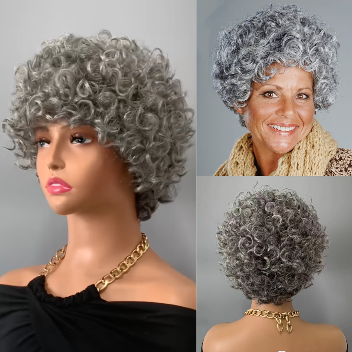 180 Human Hair Wig Grey Short Curly Wig With Bangs Non Lace Wig Human Hair Wig Natural Hairline With Baby Hair