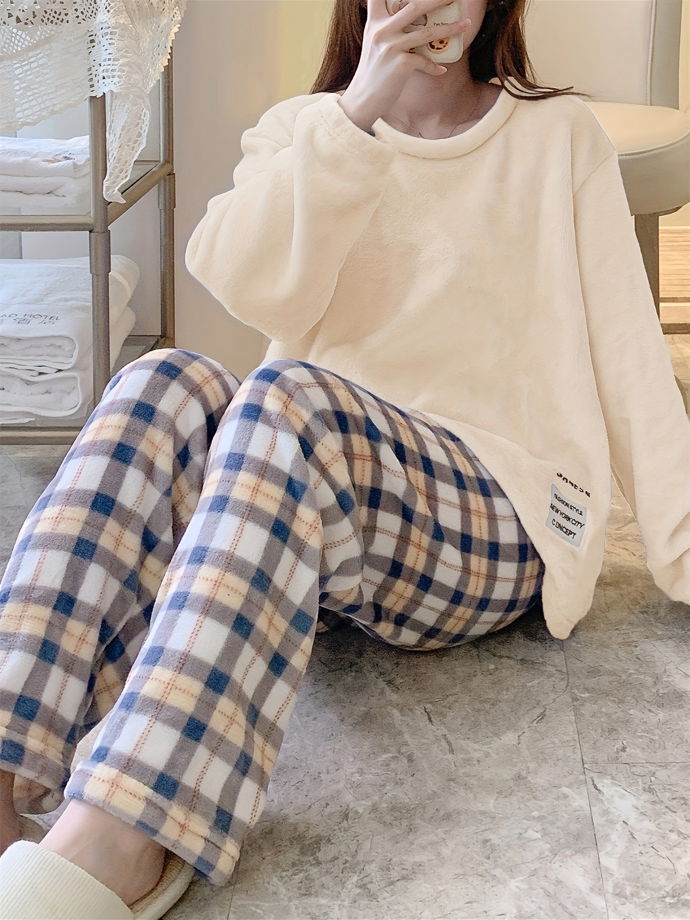 Plaid Print Fuzzy Pajama Set Long Sleeve Crew Neck Top - Temu Canada