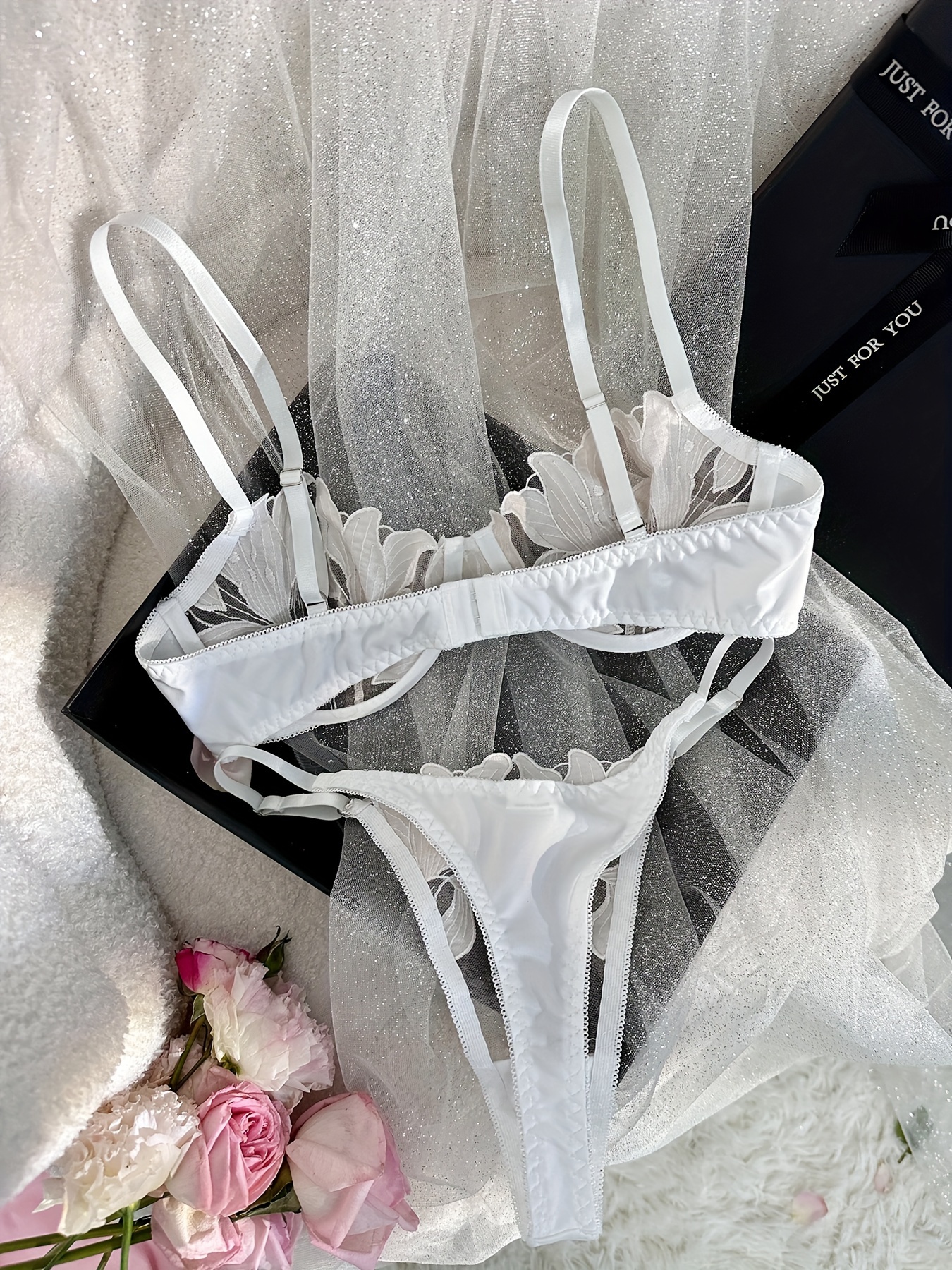 Conjunto De Lingerie Com Bordado Floral Sólido Sutiã E Tanga - Temu Portugal