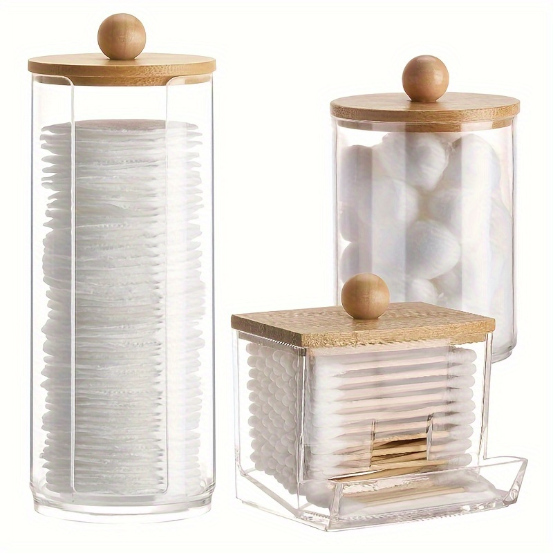 

3pcs Cotton Swab Holder, Bathroom Dispenser Storage Box For Cotton Ball, Cotton Swab, Cotton Round Pads And Floss Picks, Clear Storage Canister With Bamboo Lid, Home Organization And Storage Supplies