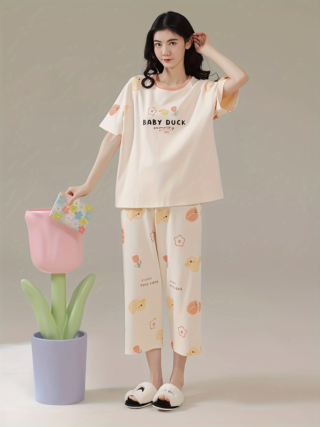 Summer Women's Loose Cute Cartoon Pullover Pajamas Set Short - Temu