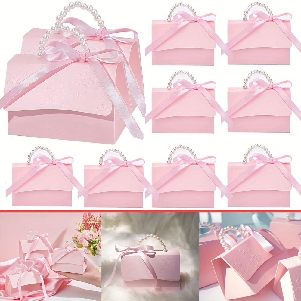 

10pcs Wedding Favors Boes With Pearl Handle And Pink Ribbon Exquisite Gift Paper Boxes Letterpress Printing Flower Candy Boxes For Birthday Wedding Party Bridal Shower Anniversary
