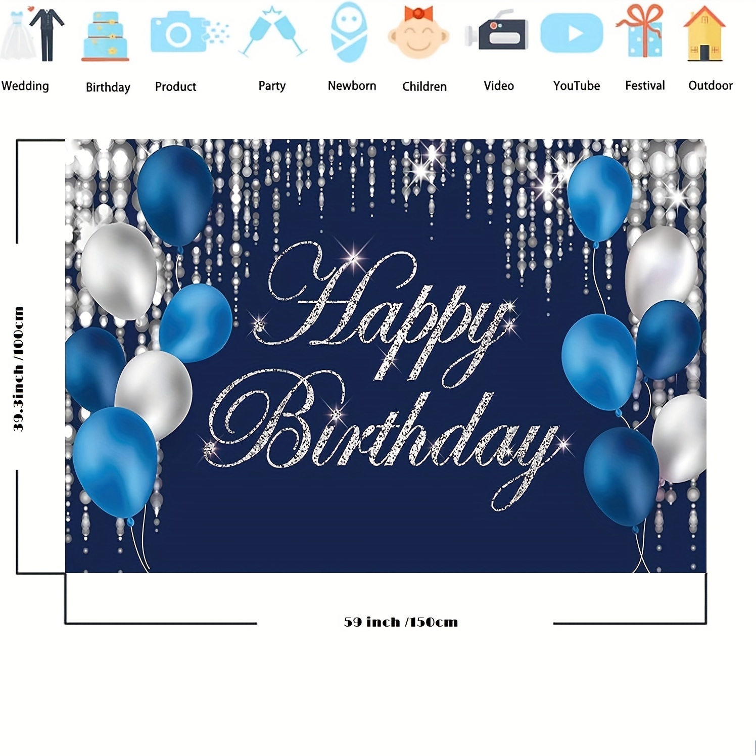 Un fondo azul con una pancarta de feliz cumpleaños y globos.