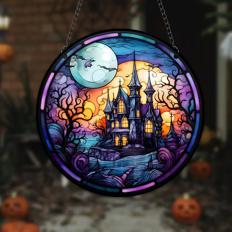 1pc halloween moon castles stained suncatcher halloween window hanging fall decor home decor party gifts for halloween wreath sign details 3