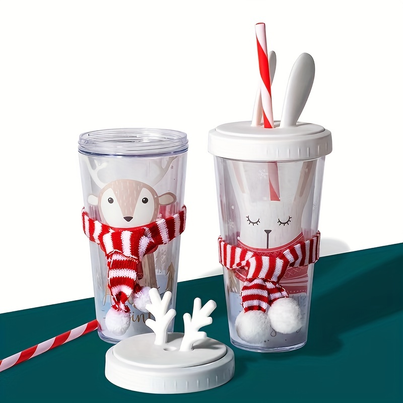 Cute Christmas Deer Rabbit Straw Cup, Creative Double Layer Plastic Cup,  For Christmas Gift - Temu