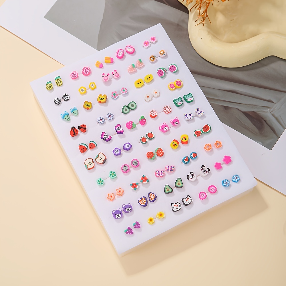Boho Cartoon Stud Earrings Set Animal & Fruit Designs Colorful Resin