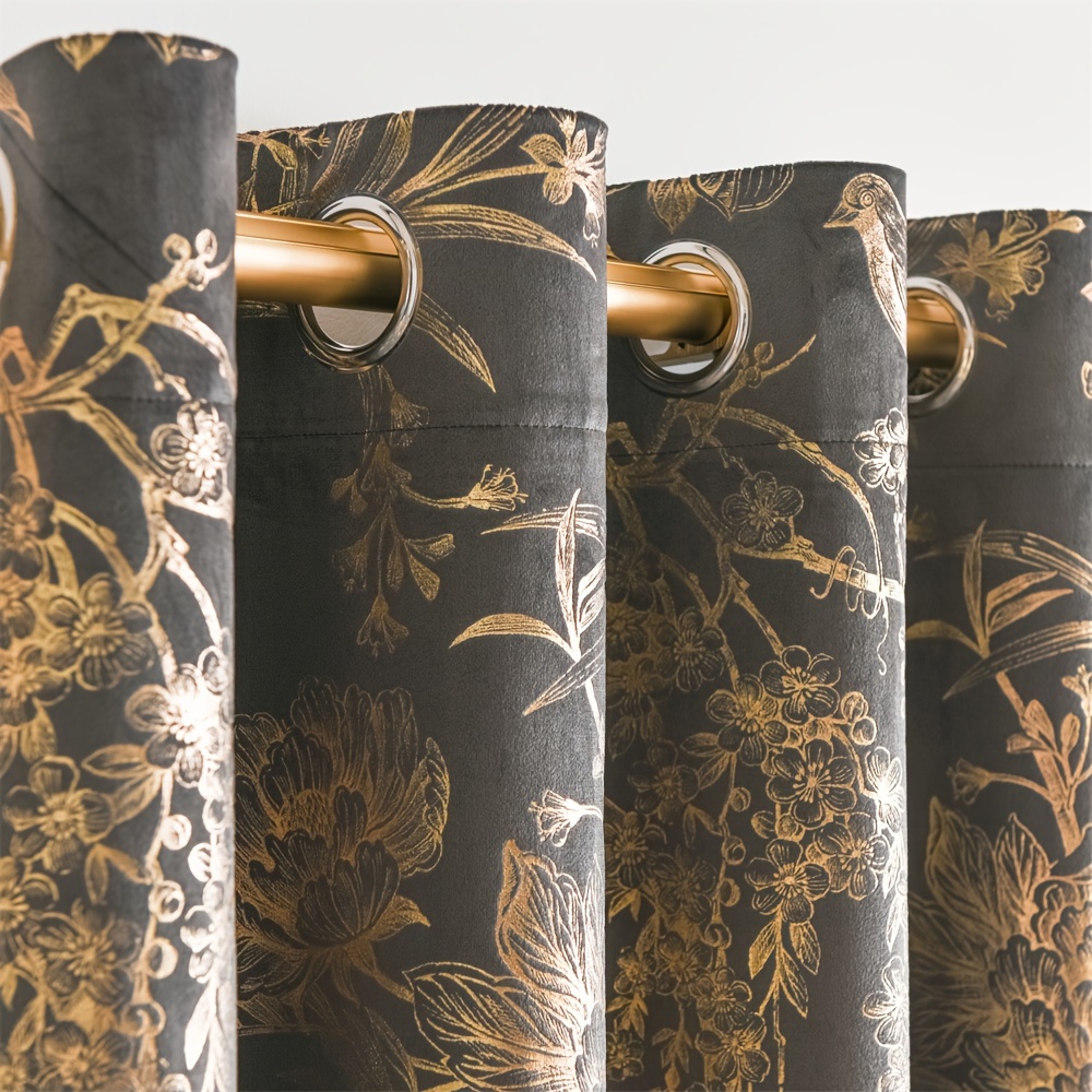 Image of 2pcs Velvet Peacock Gold-pressed Ringed Curtains Heat-insulating, Light-filtering And Noise-reducing Curtains Suitable For Bedroom, Living Room, Dining Room