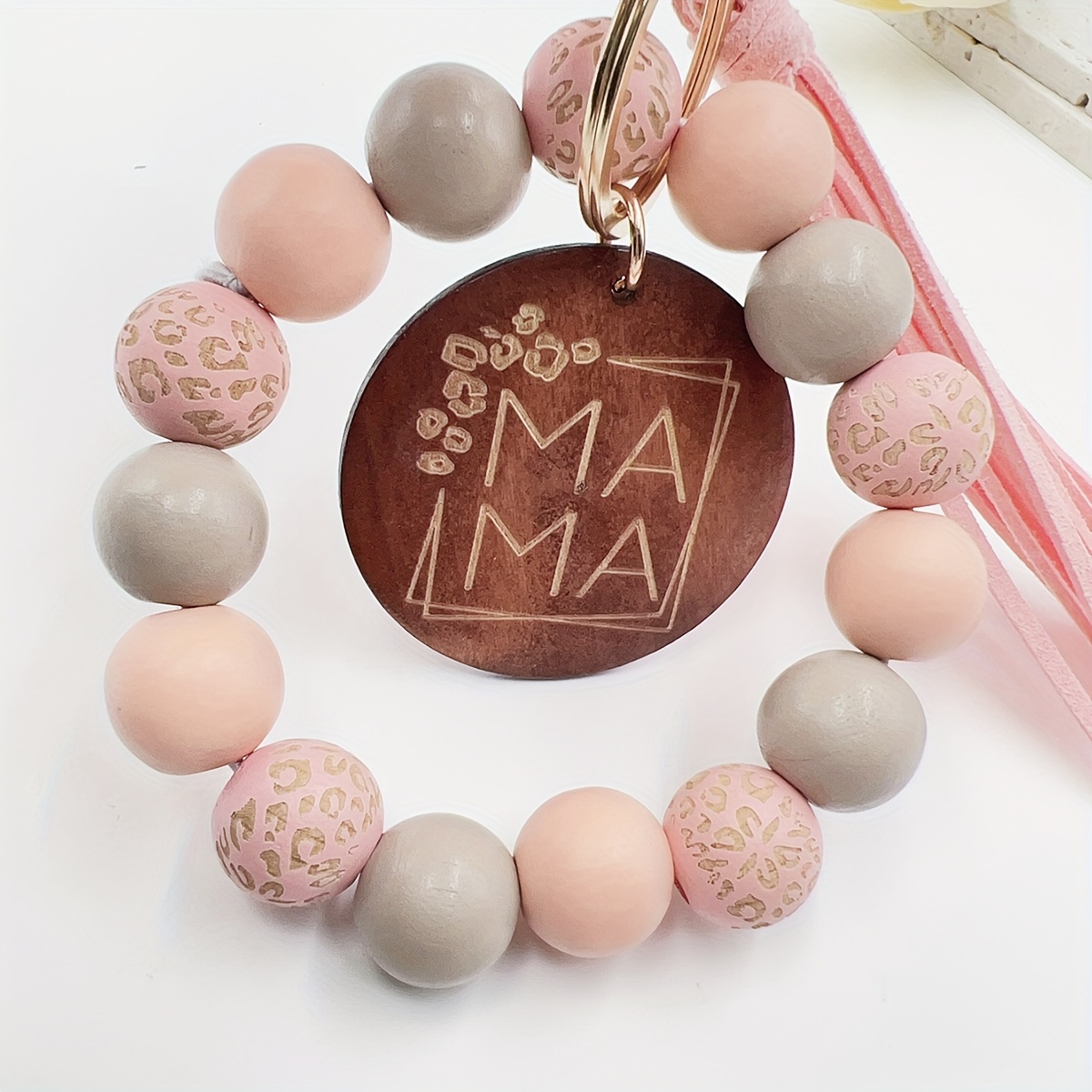 one leopard wooden beads hand beaded speckled wooden beads bracelet handmade tassel bangle mama wood chip keychain pink 12