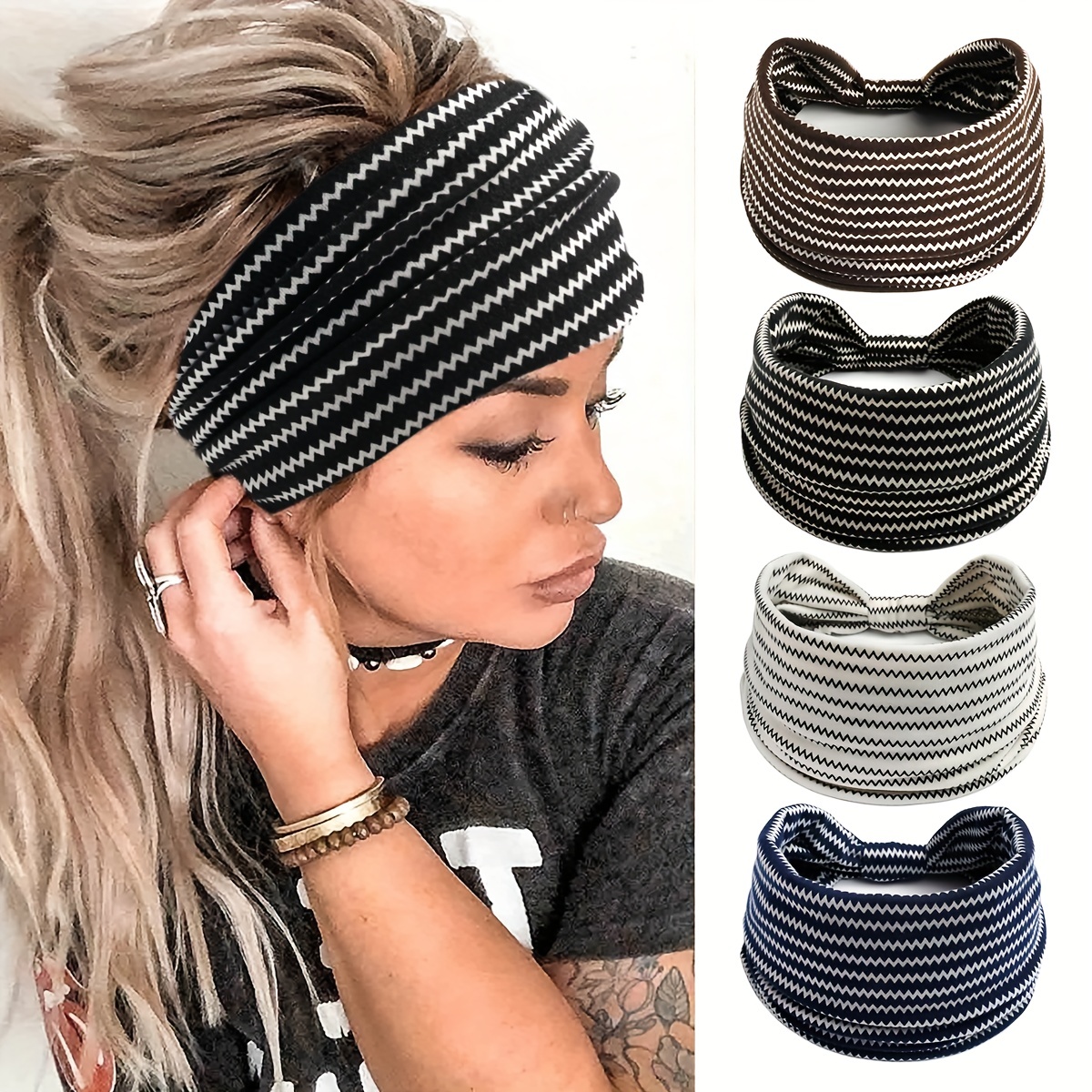 Wavy Striped Pattern Headband Elastic Wide Bandana Knotted - Temu