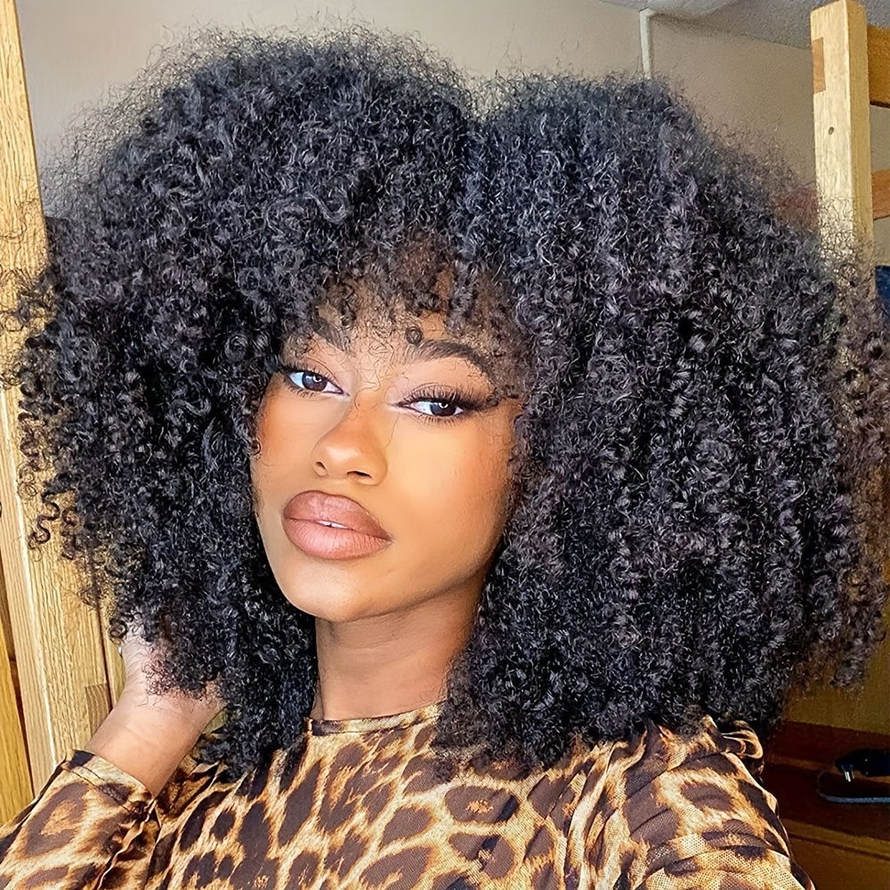 short hair afro kinky curly wig with bangs for women men synthetic curly hair natural glueless black wig cosplay