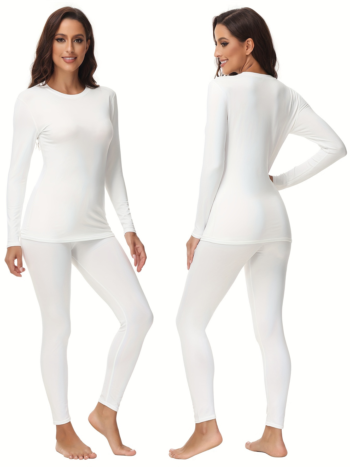 Womens Thermal Underwear Set Long Johns Base Layer Fleece Lined Cold  Weather Soft Top Bottom Cream White Medium