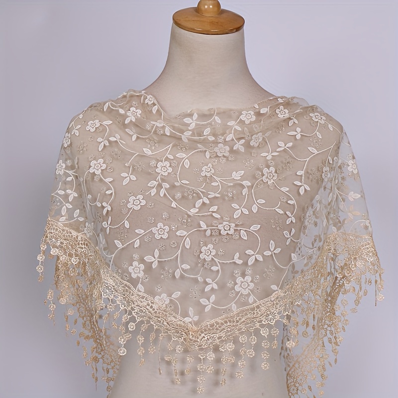 TEMU 1pc Women's Elegant Lace-trimmed Breathable Triangle Scarf Shawl - Solid Color Versatile Wrap For Casual , Machine Washable & Dry , Lace Scarf,