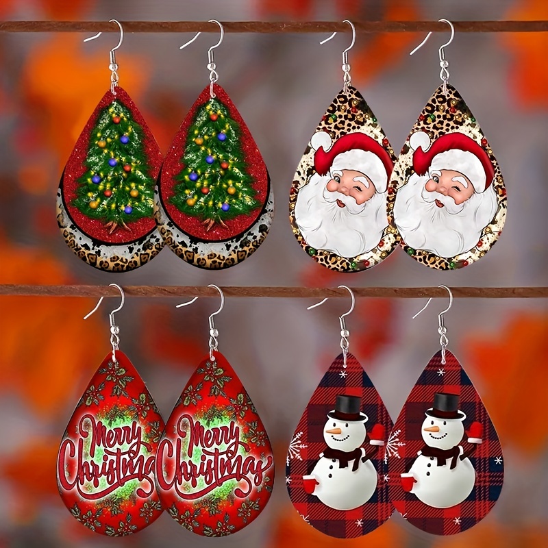

Merry Christmas Designs Small Teardrop Wooden Drop Earrings Santa Claus Christmas Tree Snowman Cute Ear Dangle Jewelry For Girls New Year Gifts