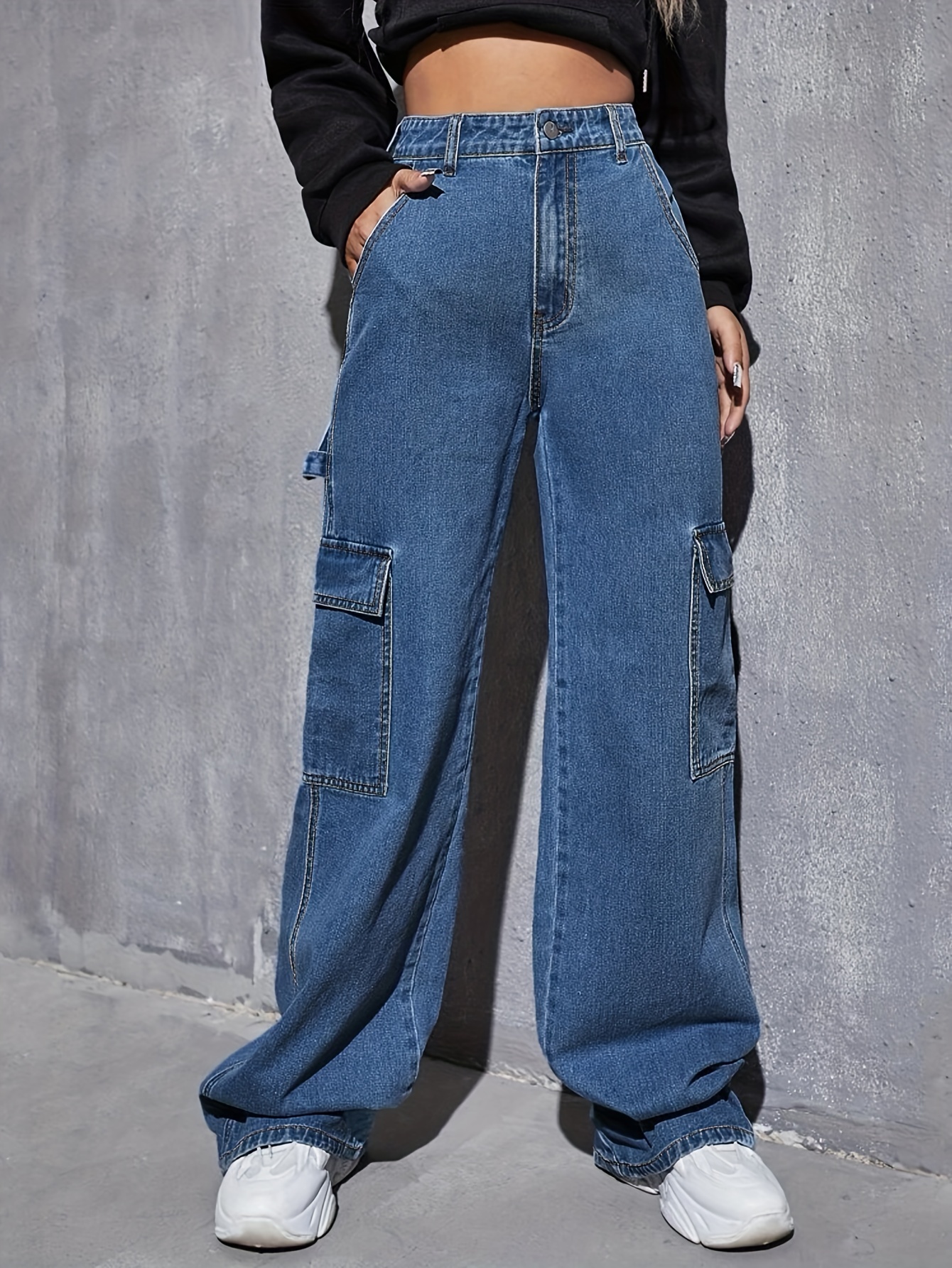 Side Cargo Pockets Exposed Seam Loose Jeans Slash Pocket - Temu