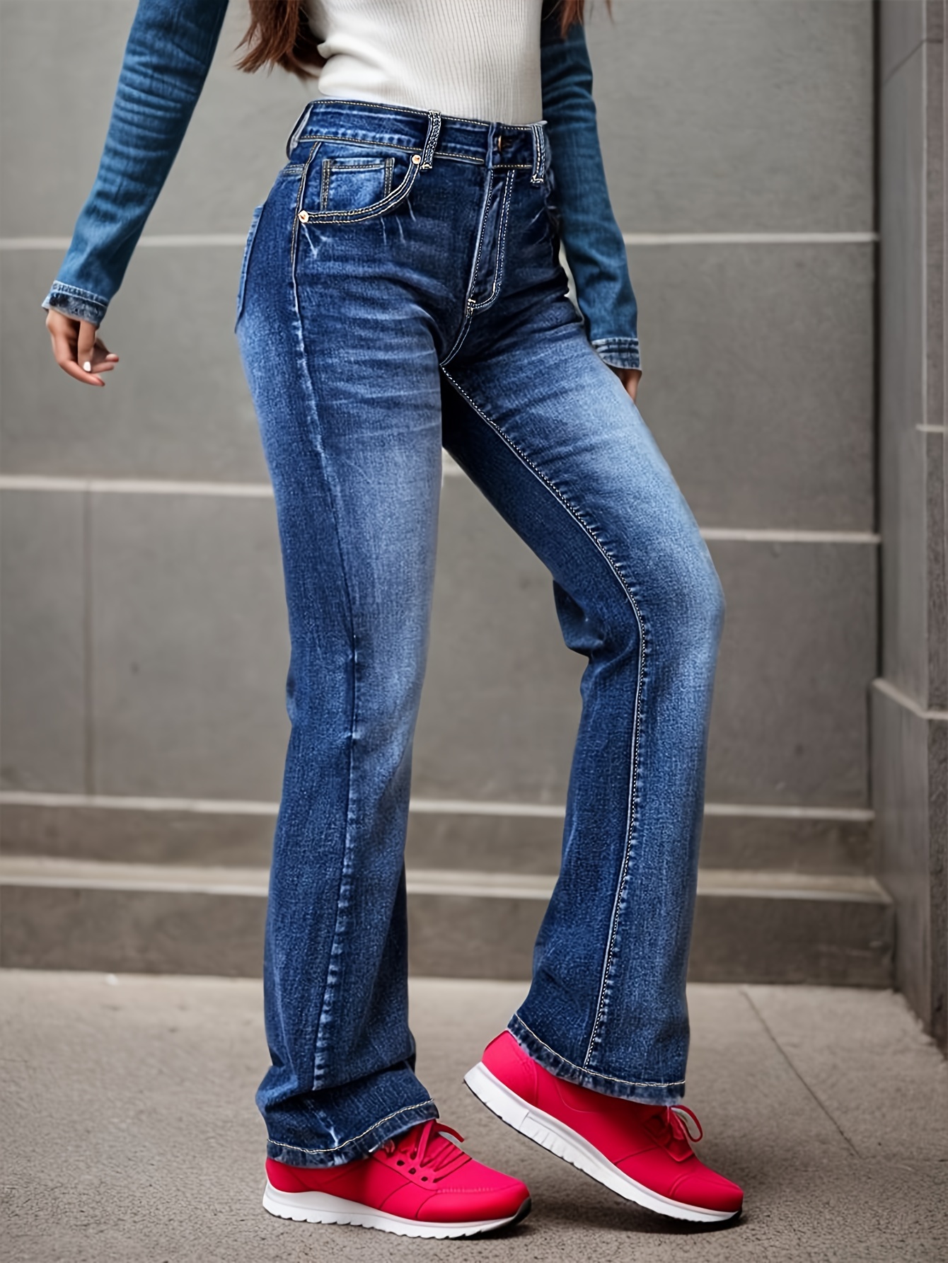 blue water ripple embossed flare jeans, high waist high stretch washed denim trousers, women's denim jeans & clothing deep blue 1